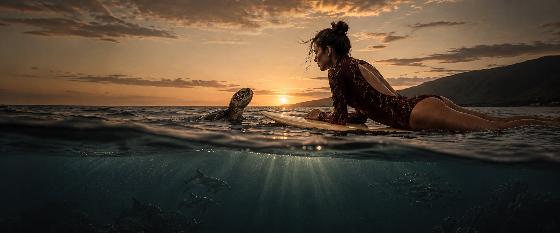 Surfista deitada na prancha ao pôr do sol, ao lado de uma tartaruga marinha, com o ambiente submerso visível abaixo da linha d'água